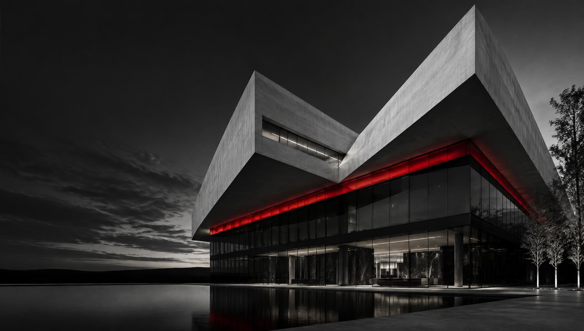 Monumental concrete headquarters building crossed by a crimson architectural band